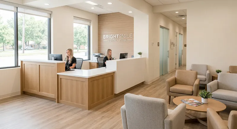 BrightSmile Dental reception area with front desk and patient seating Tulsa
