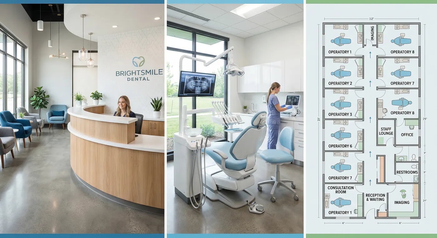 BrightSmile Dental complete project showcase reception operatory and 8-op floorplan