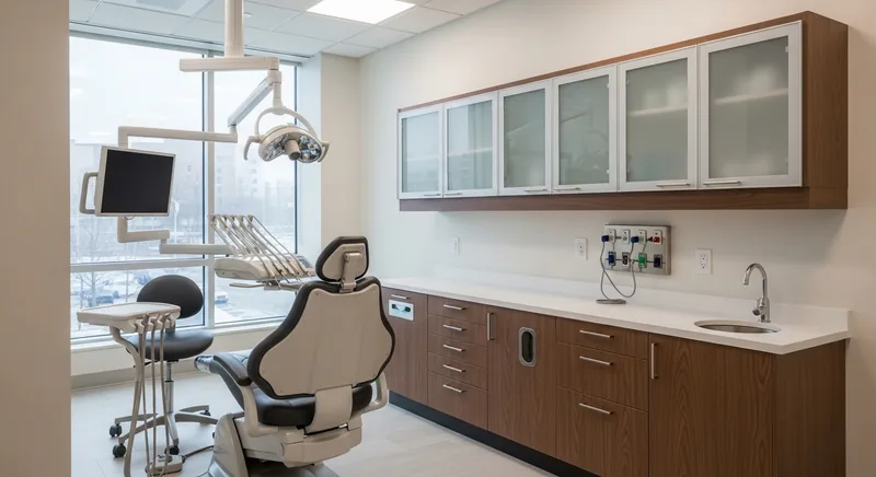 Completed operatory with dental chair medical gas connections and walnut casework