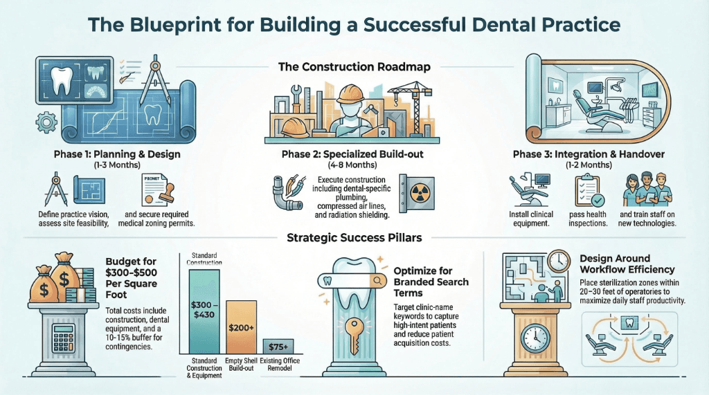 Remodel vs rebuild dental practice comparison chart 2026 β construction roadmap phases, cost breakdown $300-$500 per square foot, and strategic success pillars for dental office planning